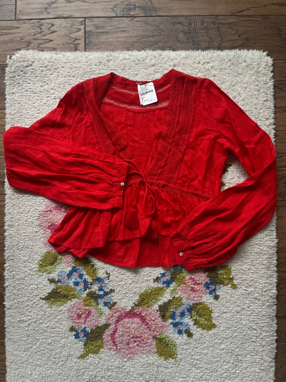 Free People Red Women's Peasant Tie-Front Top